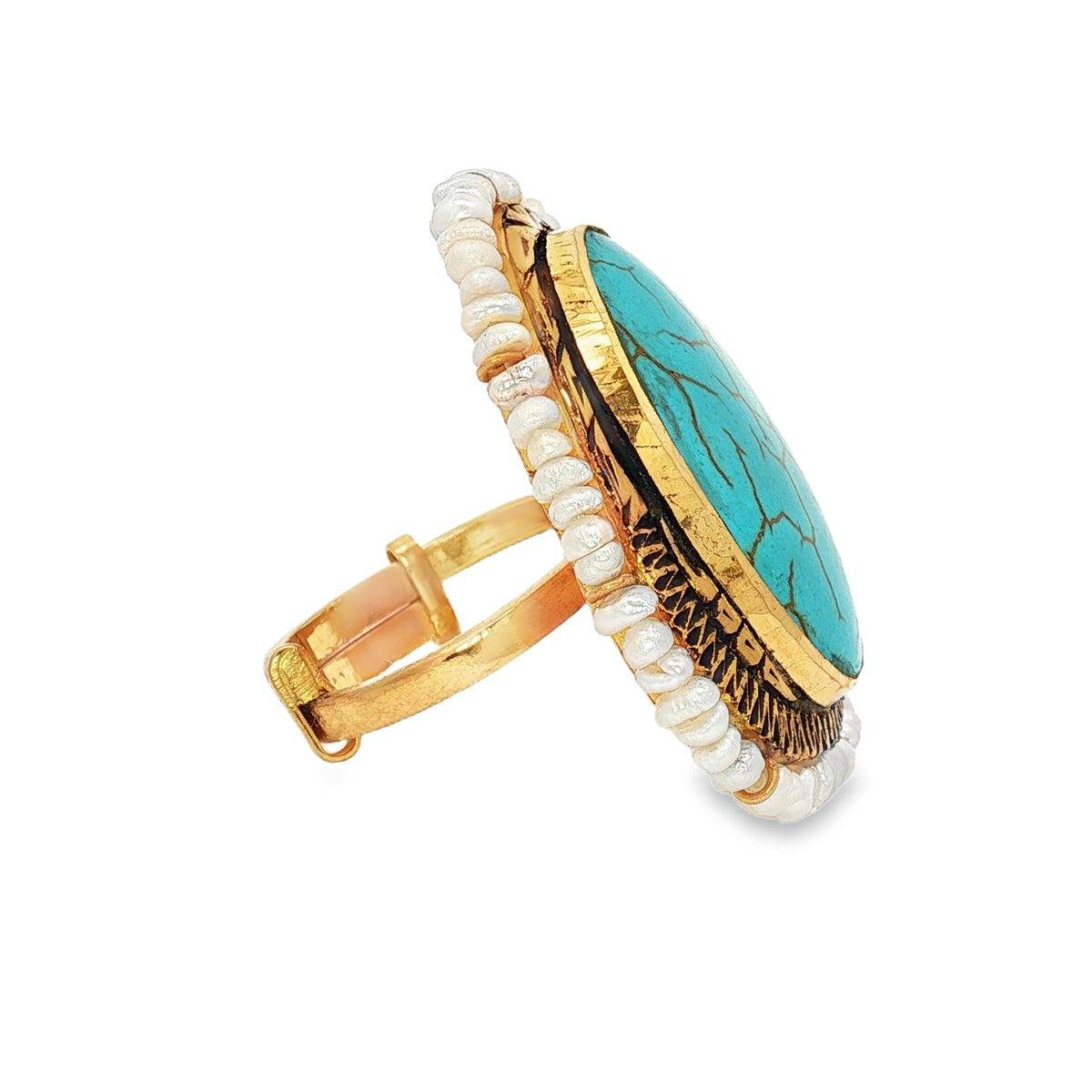 22k Gold Adjustable Cocktail Ring with Oval Turquoise and Pearls