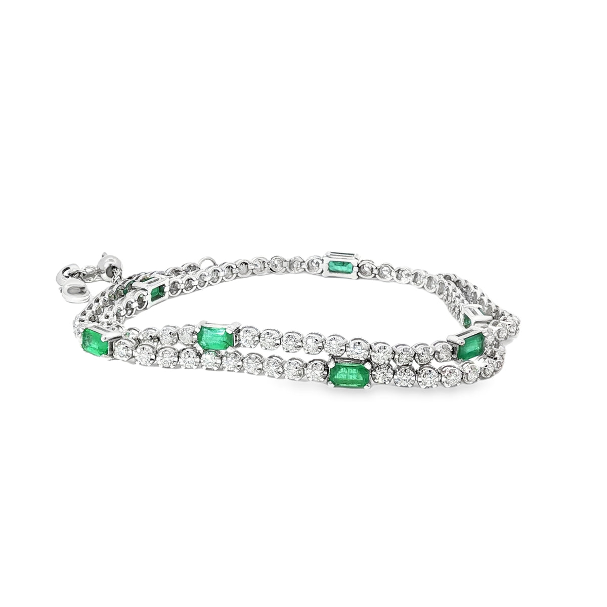 Diamond & Emerald Double wrap Tennis bracelet + Necklace 14k White Gold