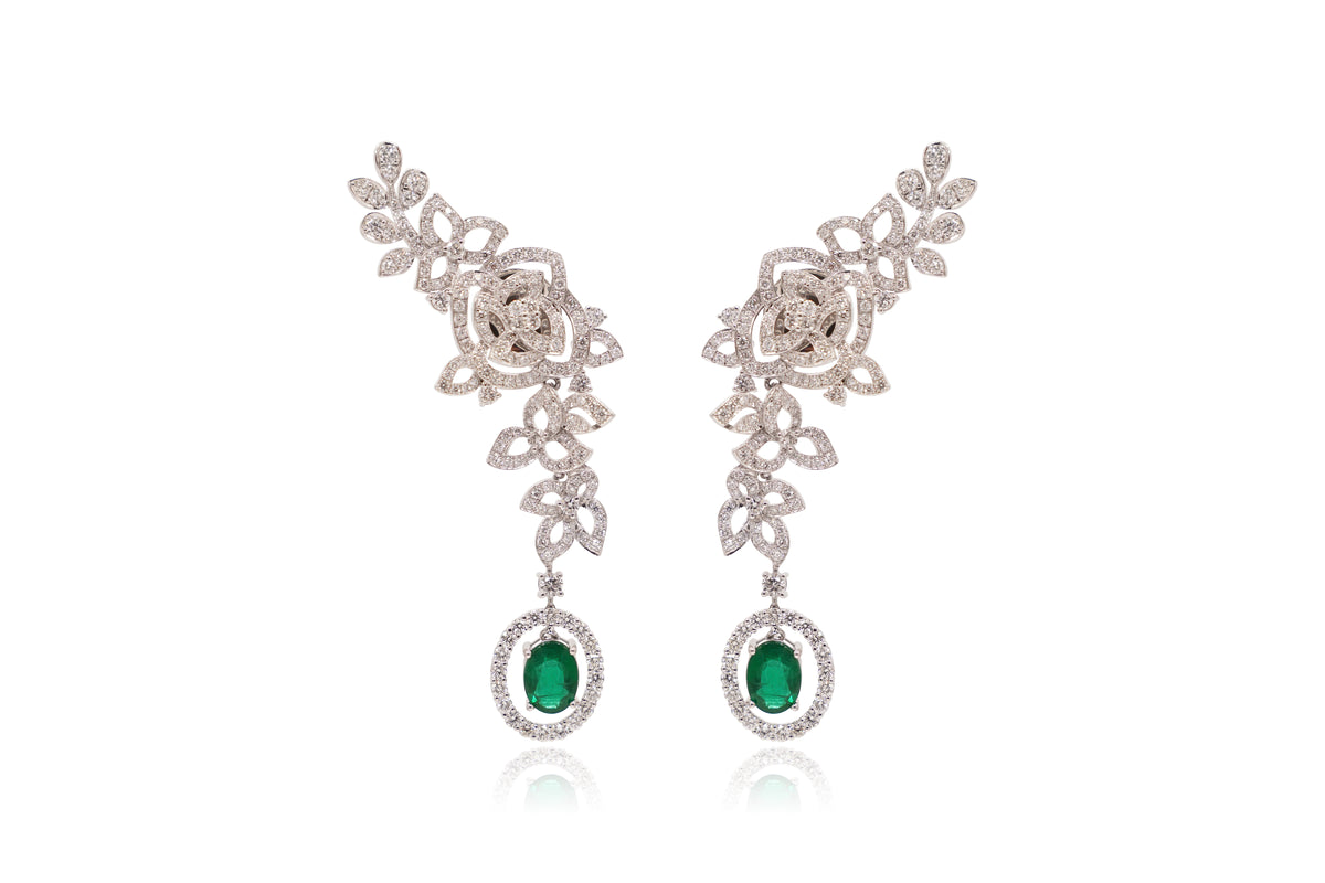 Floral Diamond Crawler with Emerald Drop Earrings 18KT White Gold