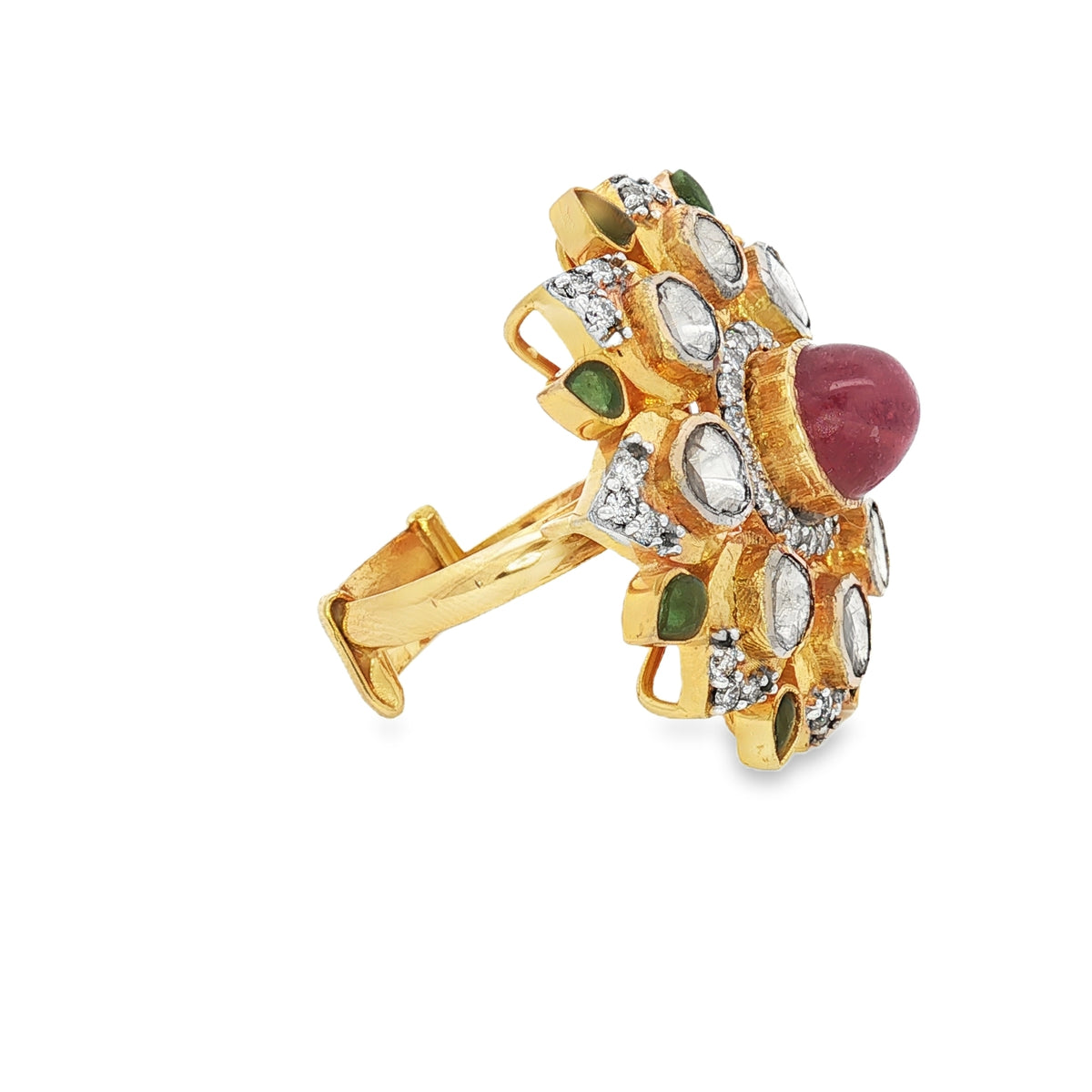 Gold Cocktail Adjustable Ring with Ruby and Diamonds 14Kt