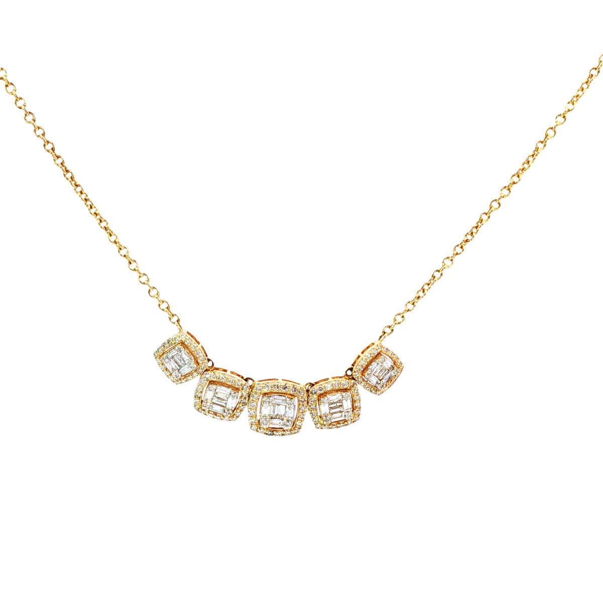 Gold Necklace with 5 Square Diamond Charms Yellow Gold 18Kt