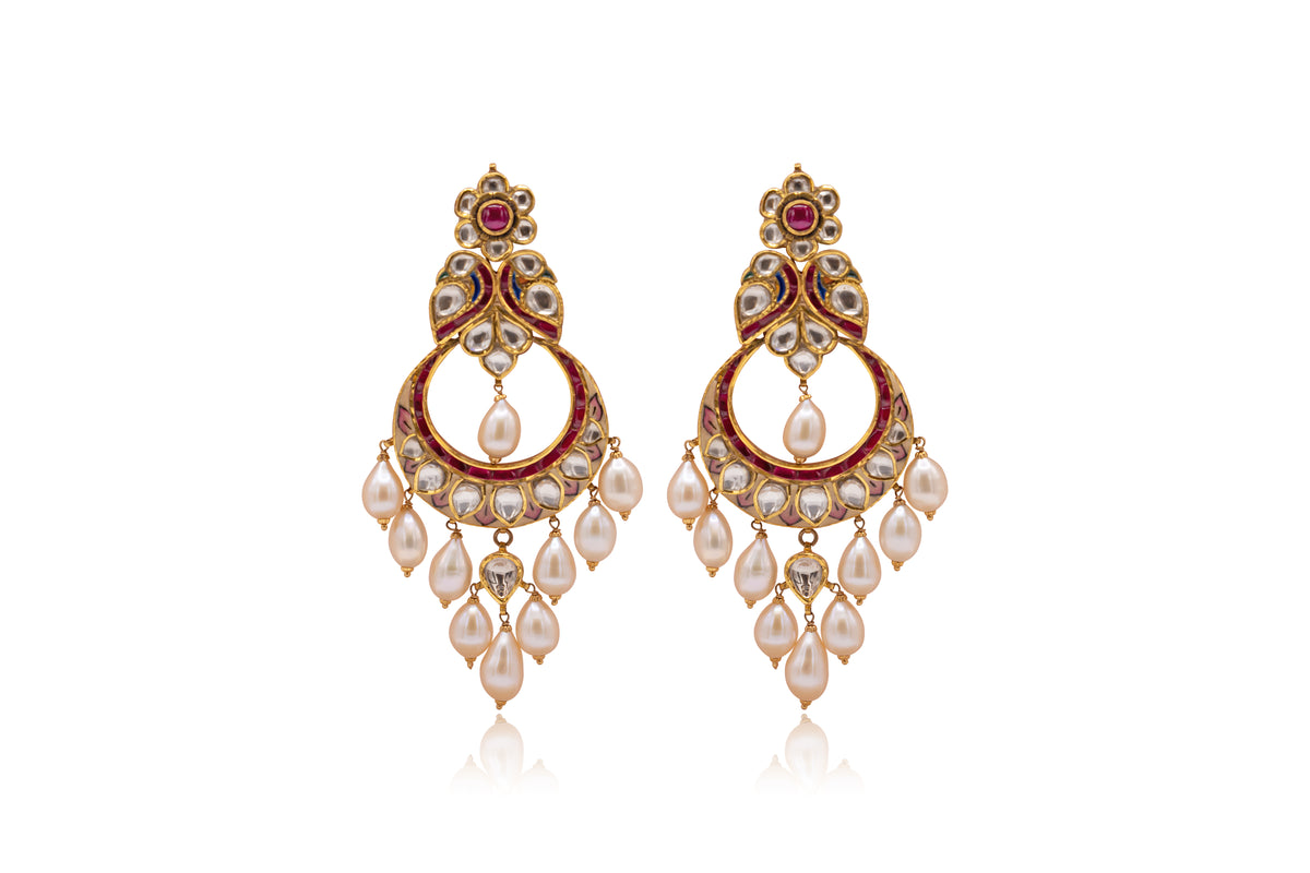 Kundan Chandbali with Pearl Drops Earrings in 22Kt Yellow Gold