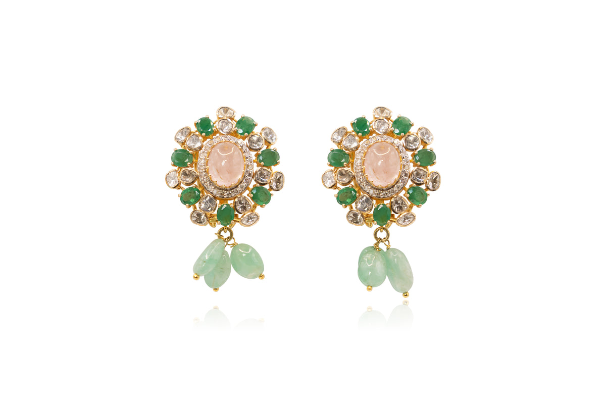 Rose Quartz Emerald Diamond and Polki Pendant with Earrings 14Kt