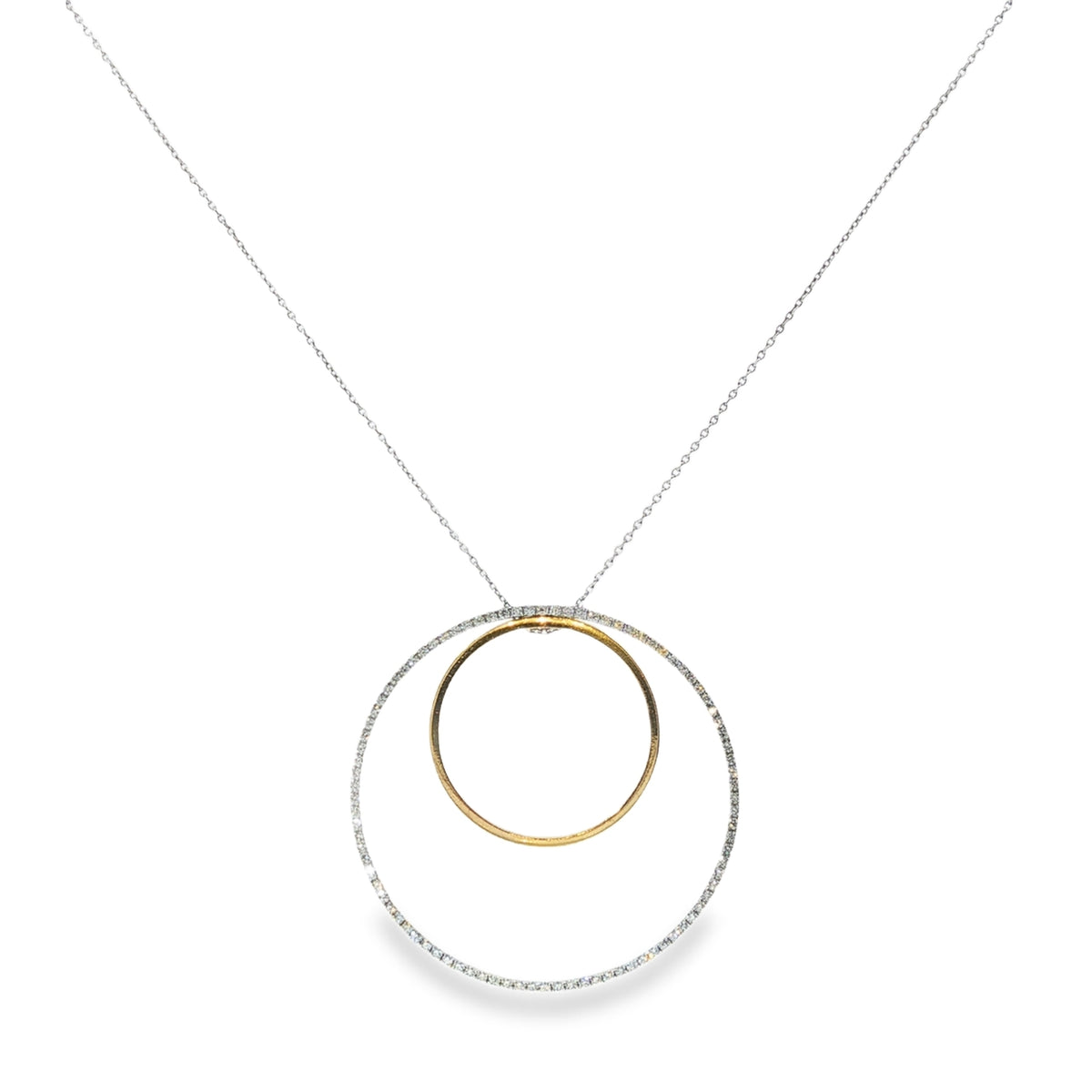 Two Tone Diamonds Double Circle Pendant Necklace 18KT