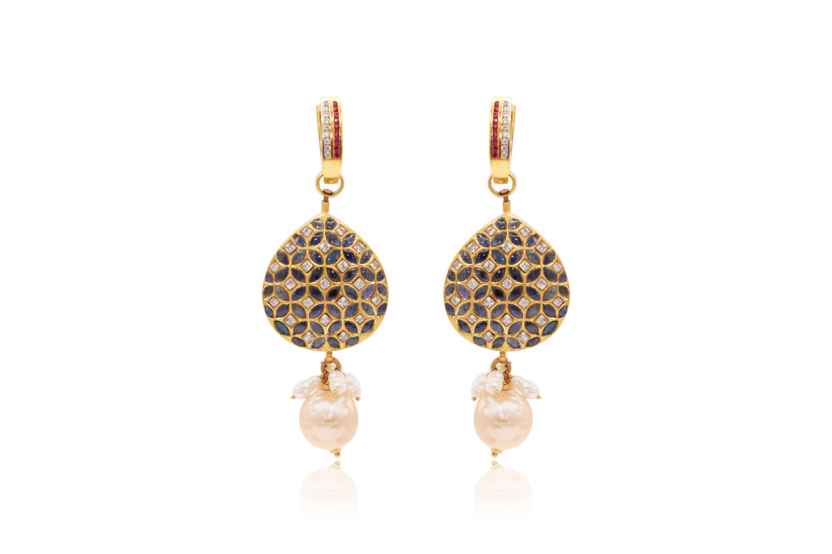 Uncut Diamond Blue Sapphire Reversible Earrings with Pearl Drop 22Kt