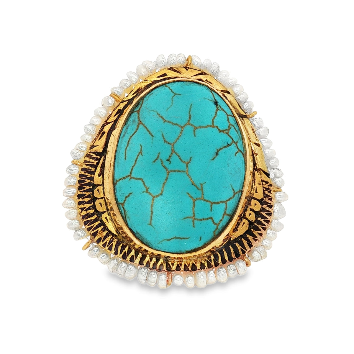22k Gold Adjustable Cocktail Ring with Oval Turquoise and Pearls