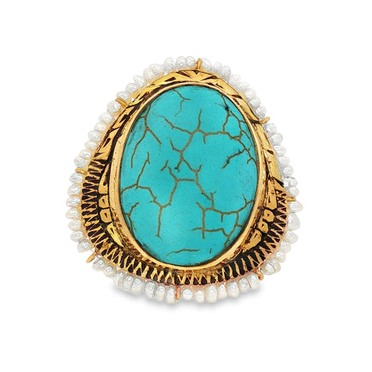 22k Gold Adjustable Cocktail Ring with Oval Turquoise and Pearls