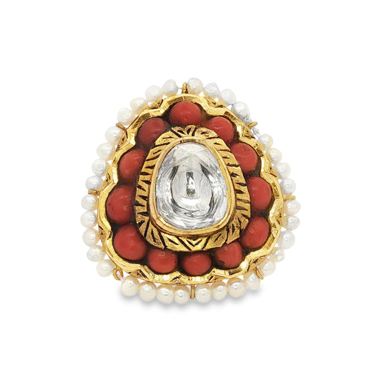 22kt Gold Adjustable Cocktail Ring with Coral Uncut diamond and Pearl