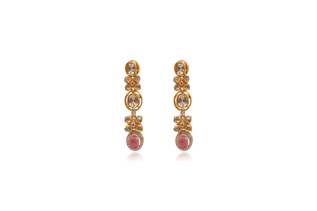 Uncut Diamond Double Layer Navrattan Necklace and Earrings 18Kt