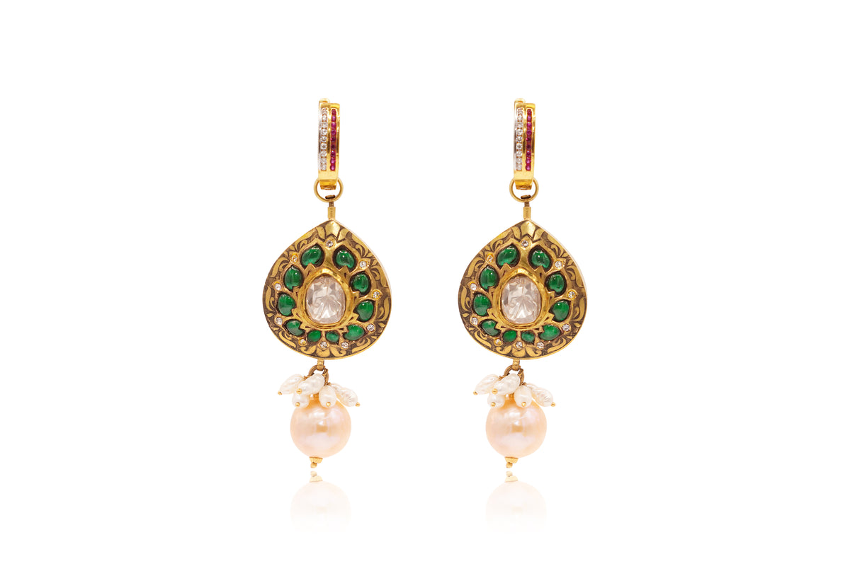 Uncut Diamond Blue Sapphire Reversible Earrings with Pearl Drop 22Kt