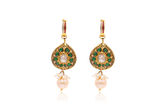 Uncut Diamond Blue Sapphire Reversible Earrings with Pearl Drop 22Kt