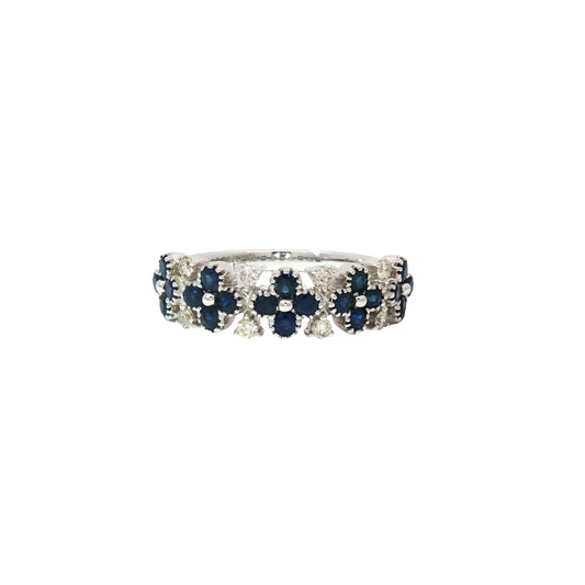 Blue Sapphire Floral and Diamonds Ring in 18Kt White Gold