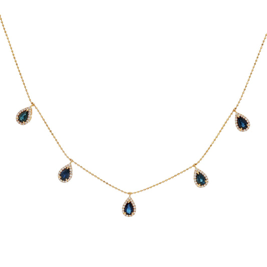 Blue Sapphire and Diamond Drops Necklace 18KT Yellow Gold