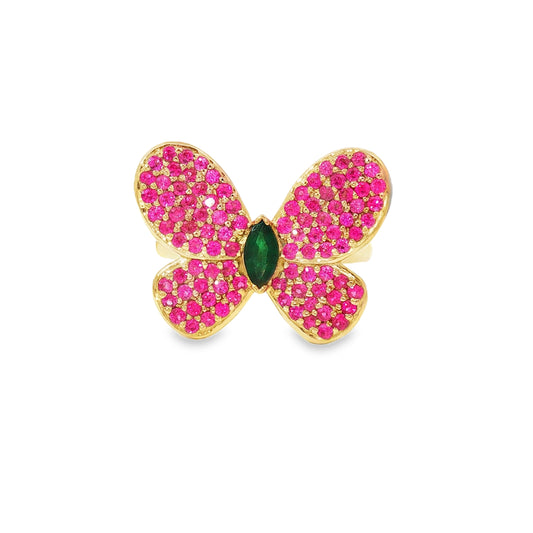 Butterfly Ruby Gold Cocktail Ring with marquise Emerald 18k