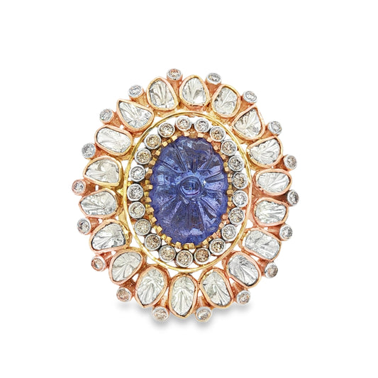 Cabochon Tanzanite and Uncut Diamond Cocktail Adjustable Ring 18Kt