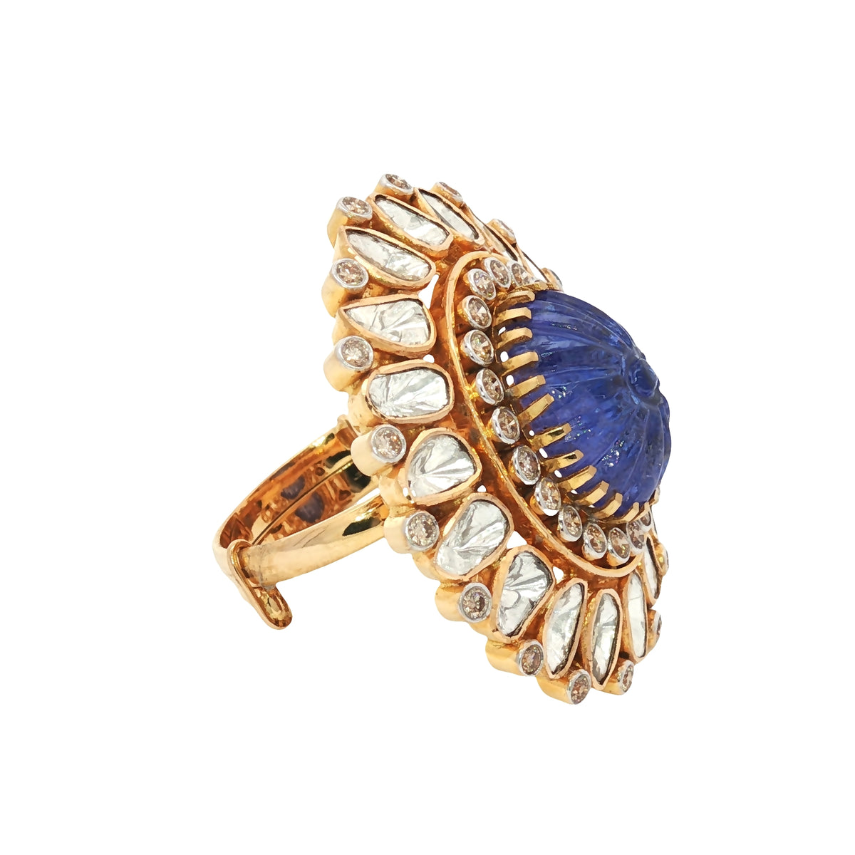 Cabochon Tanzanite and Uncut Diamond Cocktail Adjustable Ring 18Kt