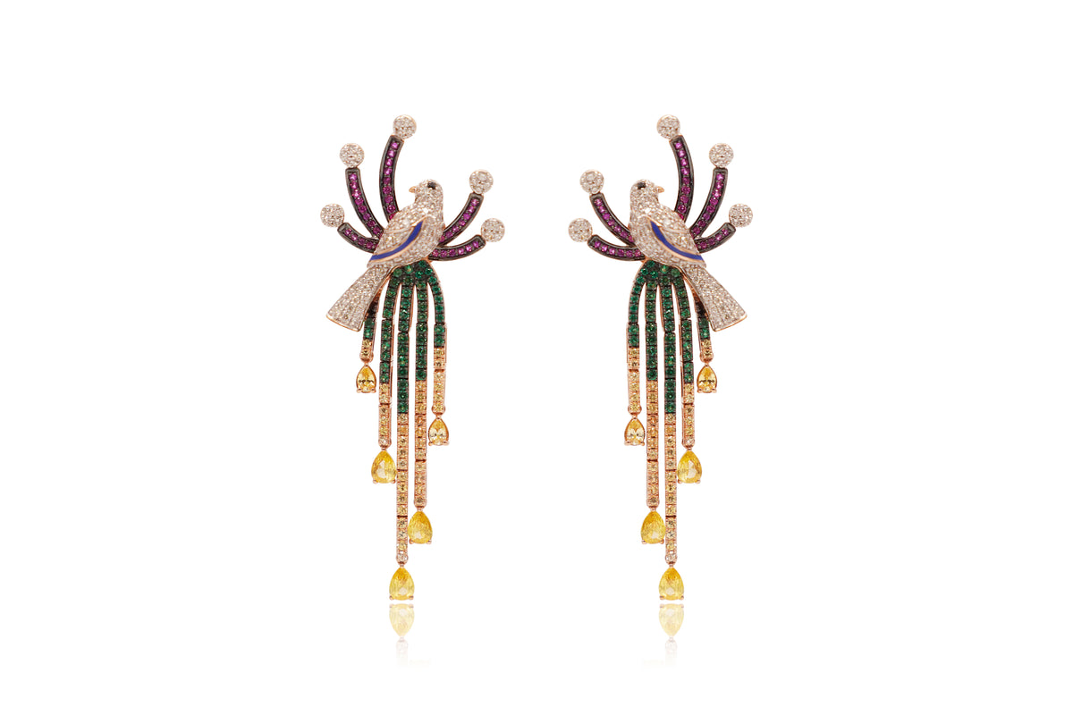 Diamond Band Sapphire Bird Earrings 18Kt
