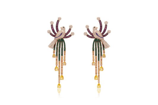 Diamond Band Sapphire Bird Earrings 18Kt