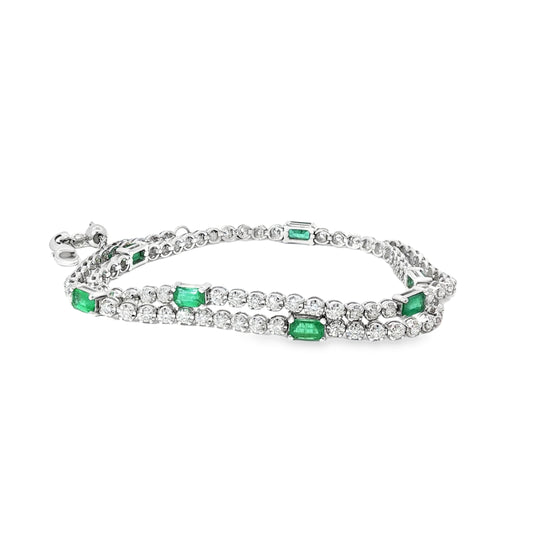Diamond & Emerald Double wrap Tennis bracelet + Necklace 14k White Gold