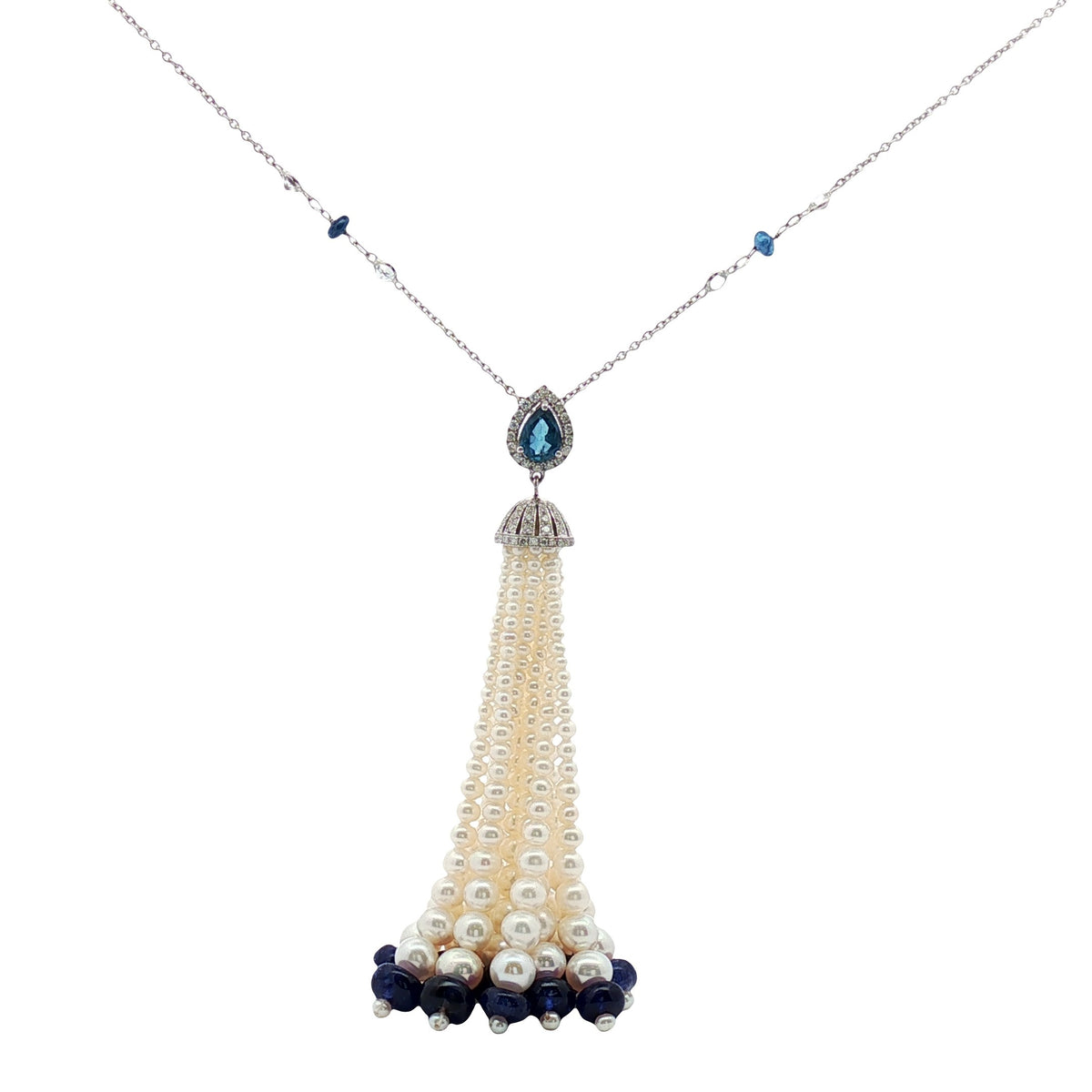 Diamond Sapphire and Pearl White Gold Long Necklace 18Kt