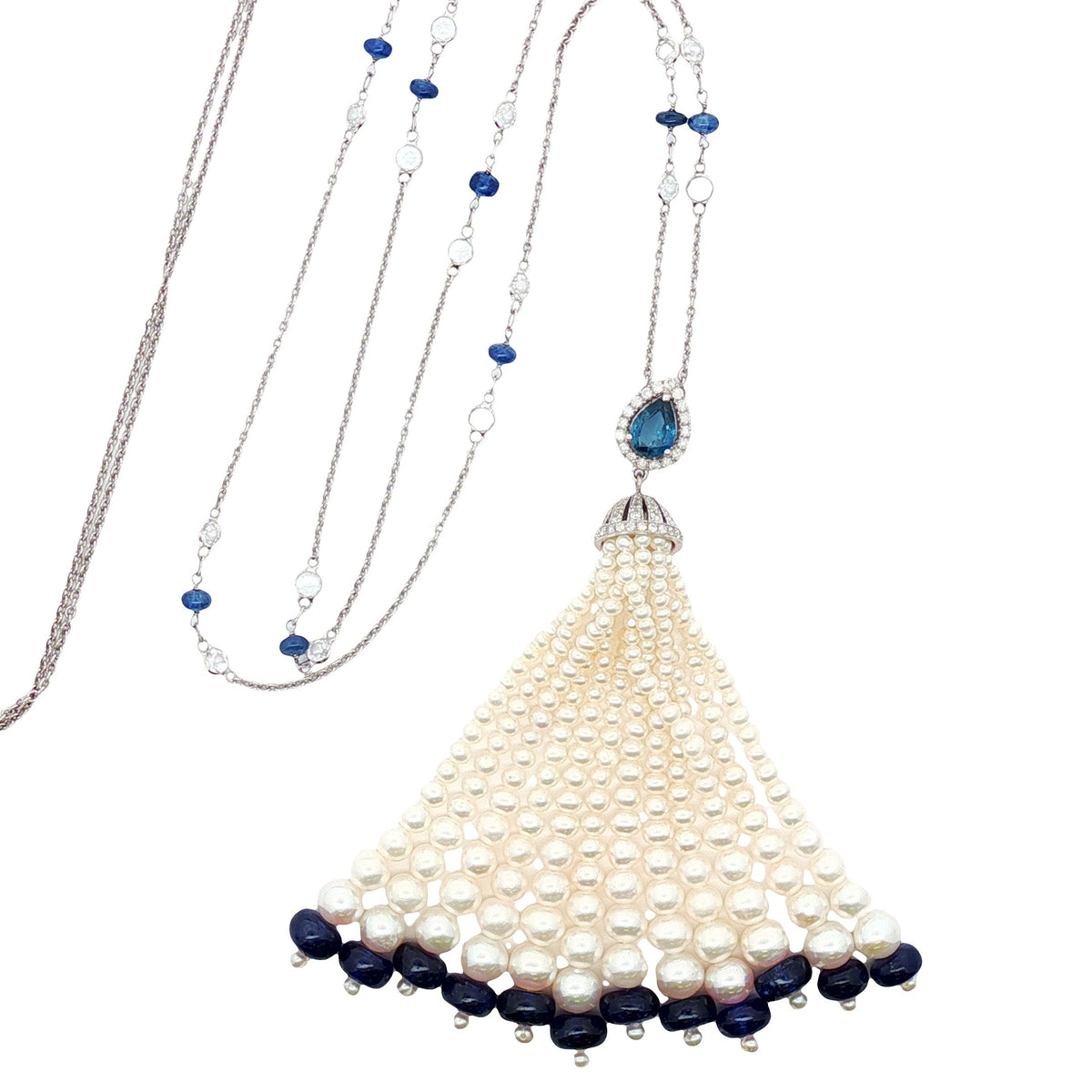 Diamond Sapphire and Pearl White Gold Long Necklace 18Kt