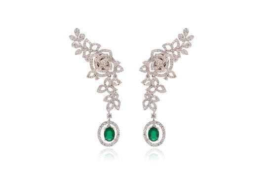 Floral Diamond Crawler with Emerald Drop Earrings 18KT White Gold