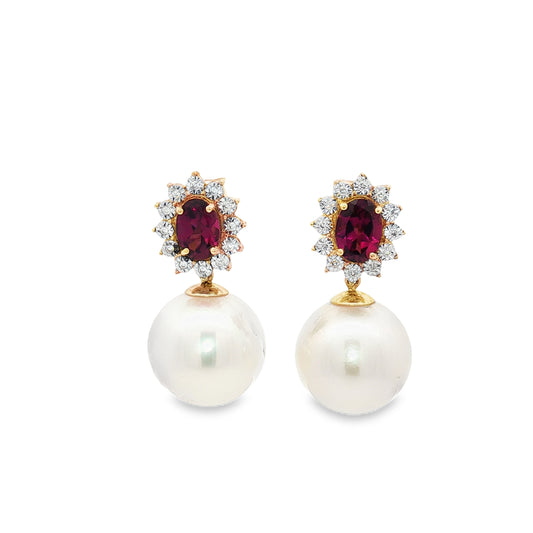 Freshwater Pearl Earrings with Rhodolite and Diamonds in 14Kt Yellow Gold