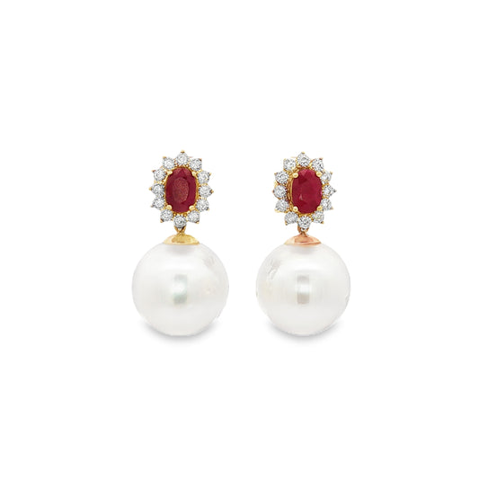 Freshwater Pearl Earrings with Rubies and Diamonds in 14Kt Yellow Gold