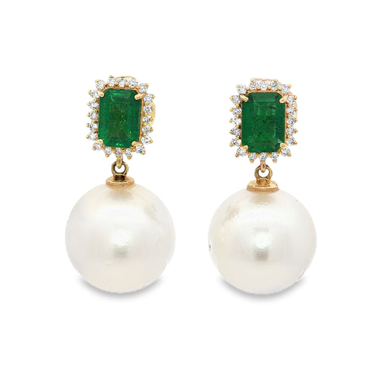 Freshwater Pearl Earrings with Zambian Emeralds and Diamonds in 14Kt Yellow Gold