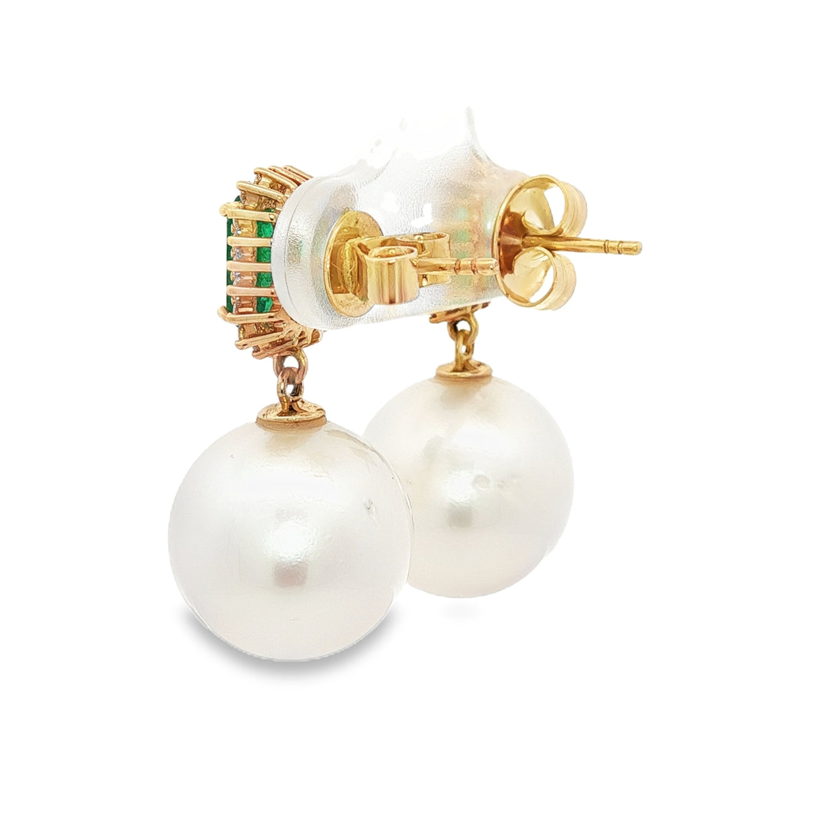Freshwater Pearl Earrings with Zambian Emeralds and Diamonds in 14Kt Yellow Gold