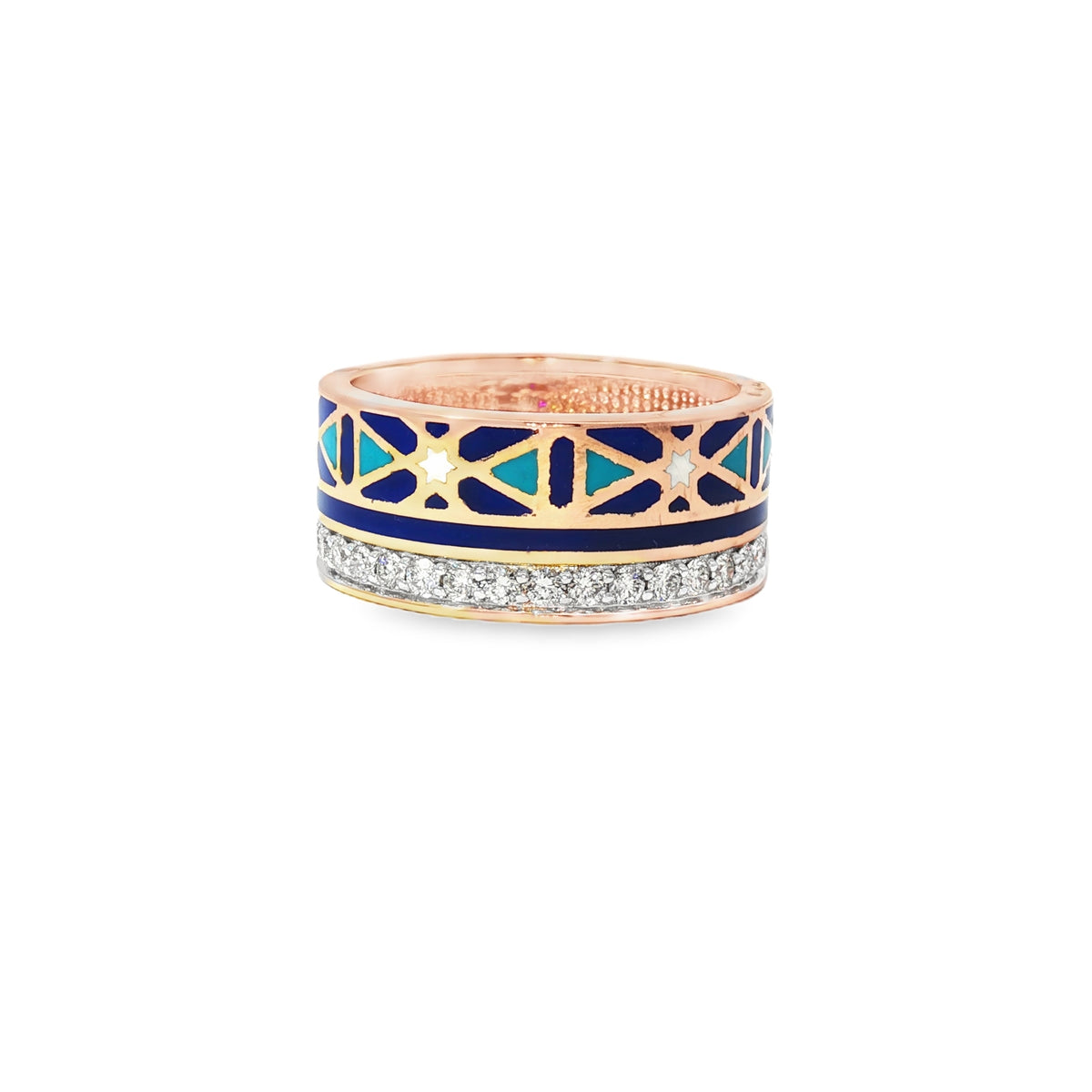 Geometric Enamel Ring with Diamonds in 18Kt Rose Gold