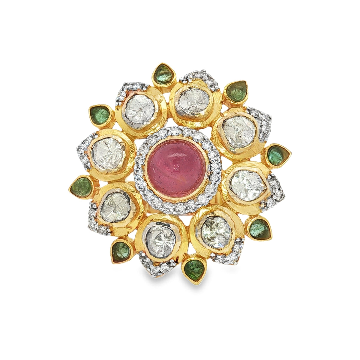Gold Cocktail Adjustable Ring with Ruby and Diamonds 14Kt
