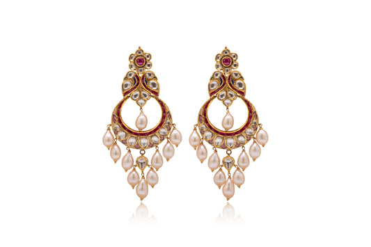 Kundan Chandbali with Pearl Drops Earrings in 22Kt Yellow Gold