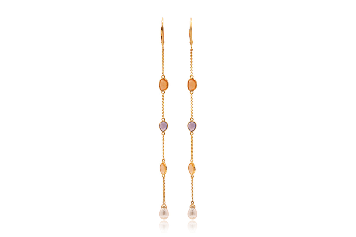 Multi-Colored Gemstone Drop Earrings in 14Kt Yellow Gold