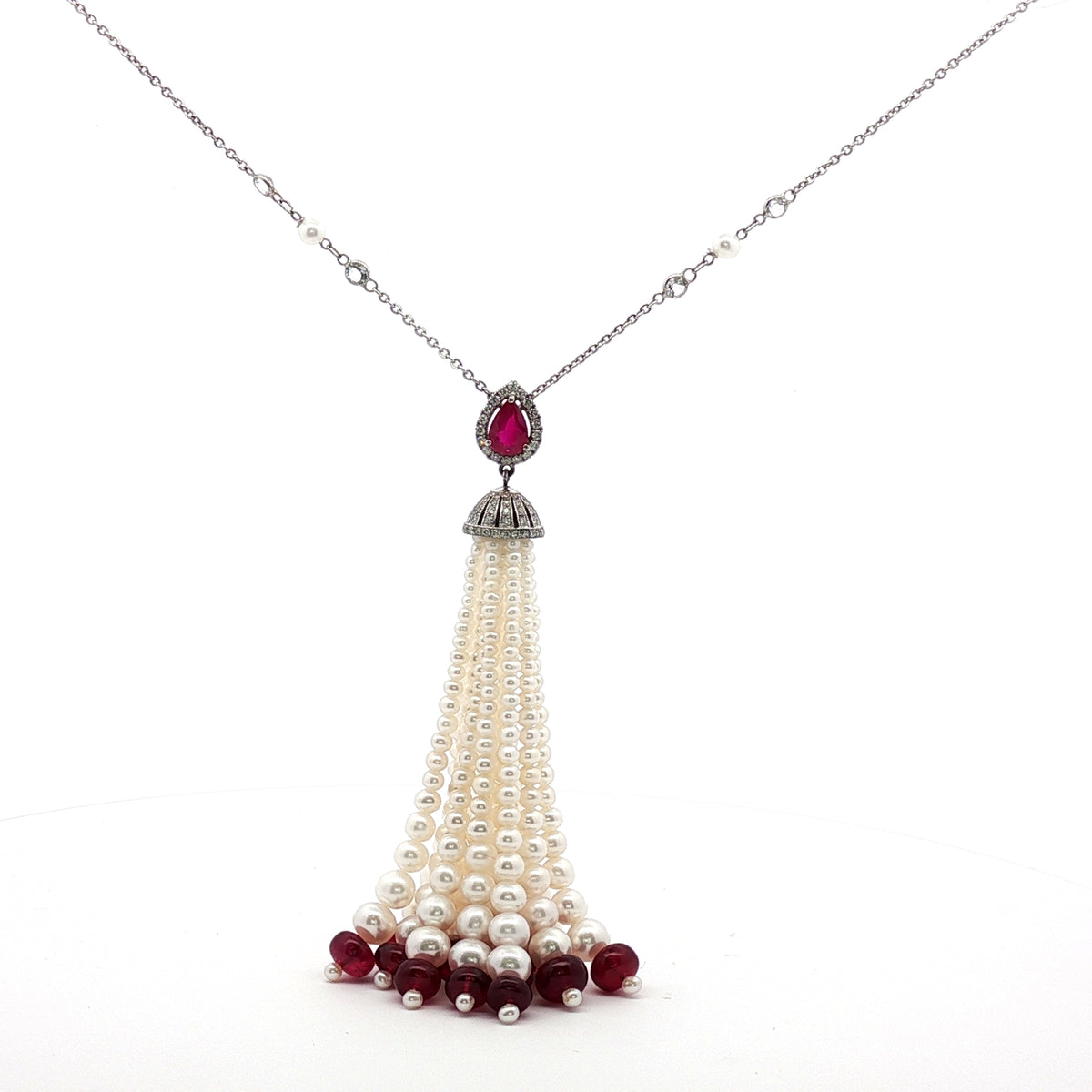 Diamond Ruby and Pearl White Gold Long Necklace 18Kt