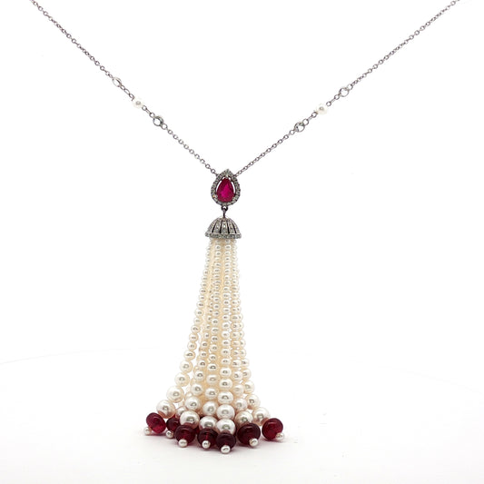 Diamond Ruby and Pearl White Gold Long Necklace 18Kt