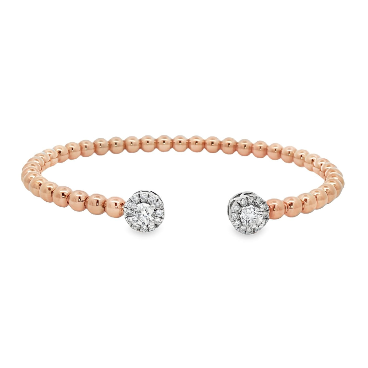 Rose Gold Beaded Open Bangle with Round Brilliant Diamonds 18KT