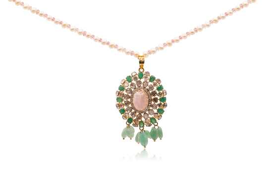 Rose Quartz Emerald Diamond and Polki Pendant with Earrings 14Kt