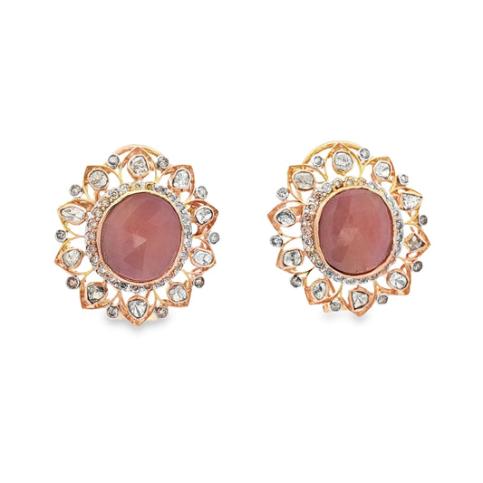 Rose Quartz Flower Traditional Stud Earrings in 14Kt Yellow Gold