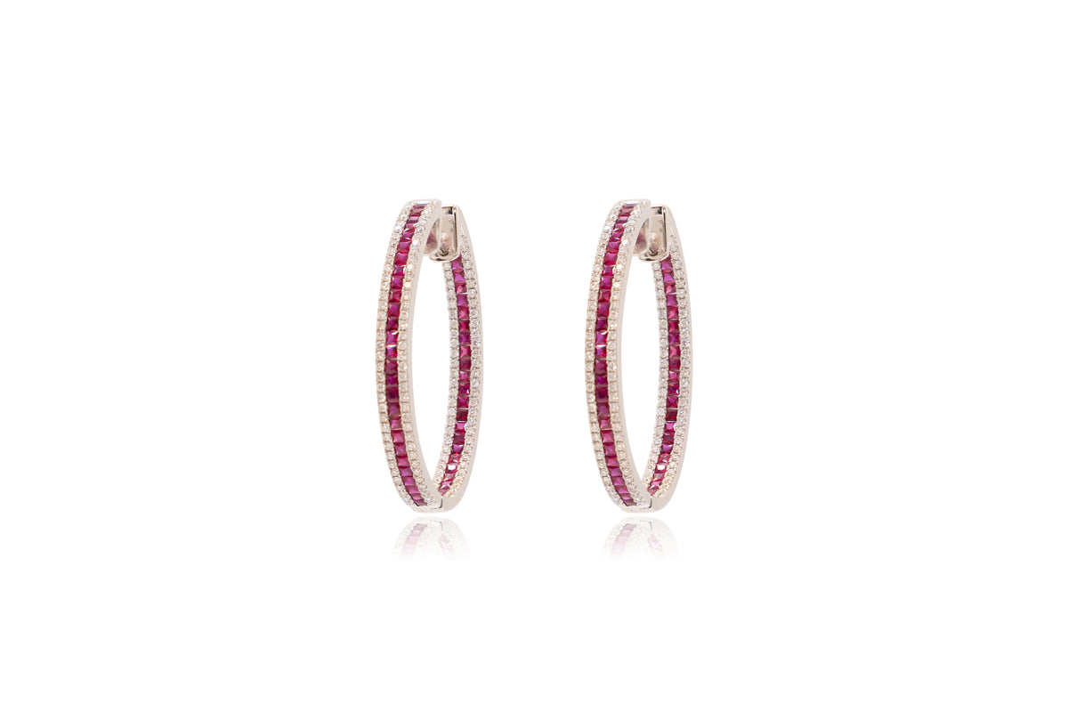 Ruby and Diamond Hoop Earrings in White Gold 18KT