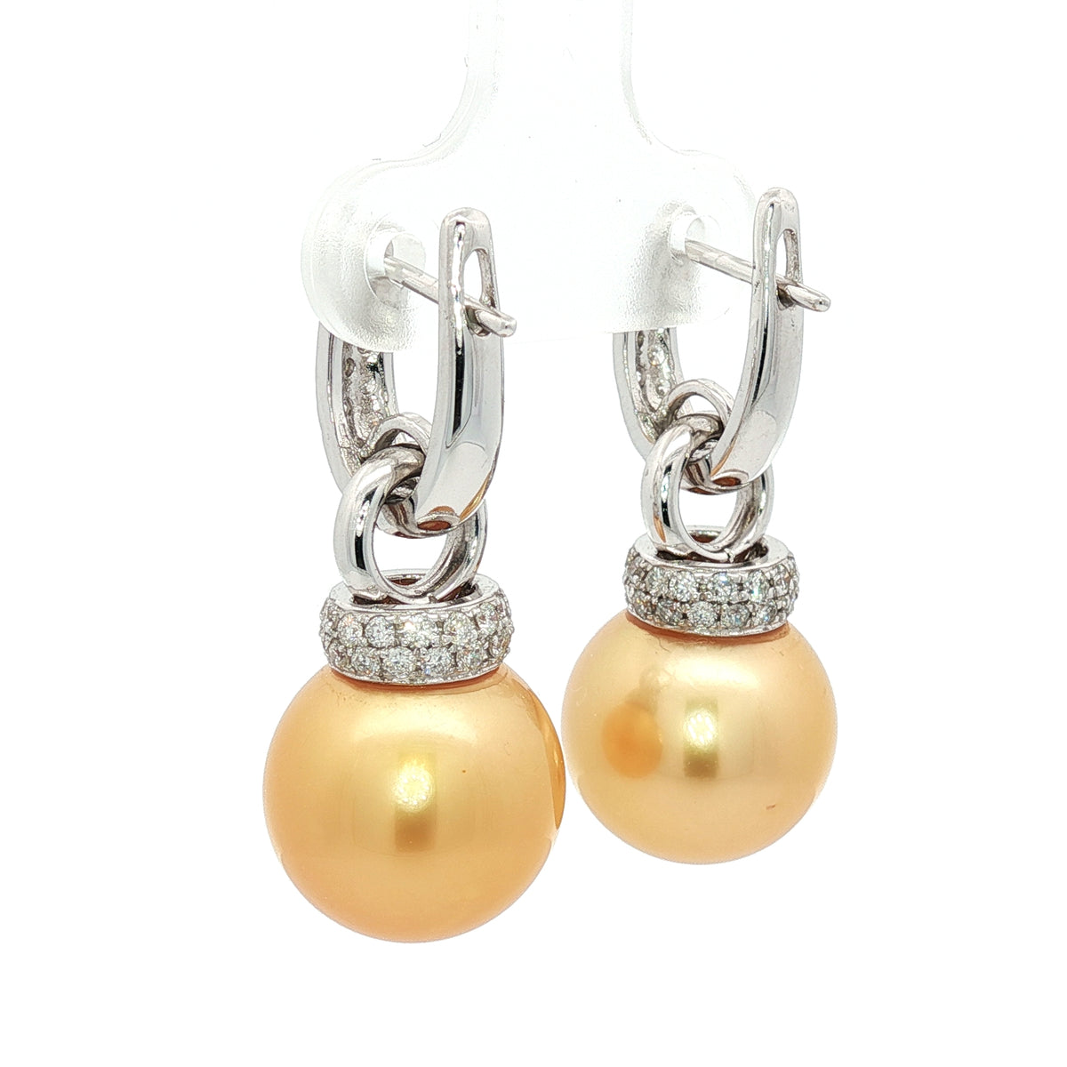 South Sea Gold Pearl Drop earrings with Diamonds in 18k white Gold