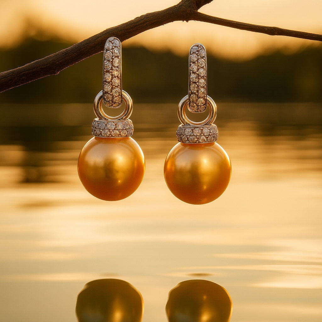 South Sea Gold Pearl Drop earrings with Diamonds in 18k white Gold