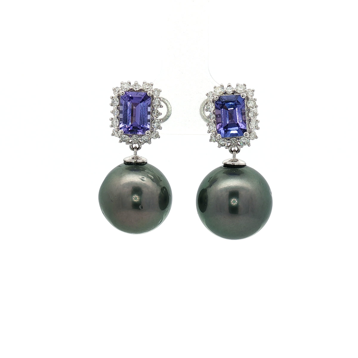 Tahitian Pearl Earrings with Tanzanite and Diamonds in 18Kt White Gold