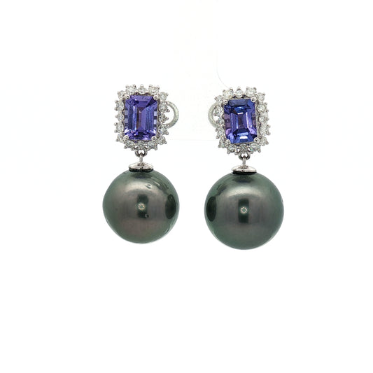 Tahitian Pearl Earrings with Tanzanite and Diamonds in 18Kt White Gold