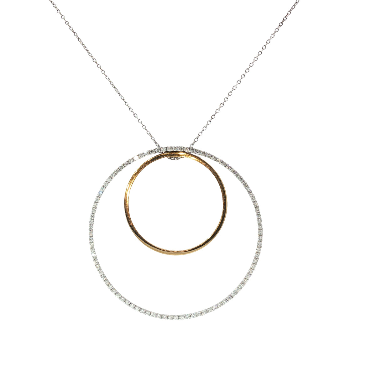 Two Tone Diamonds Double Circle Pendant Necklace 18KT