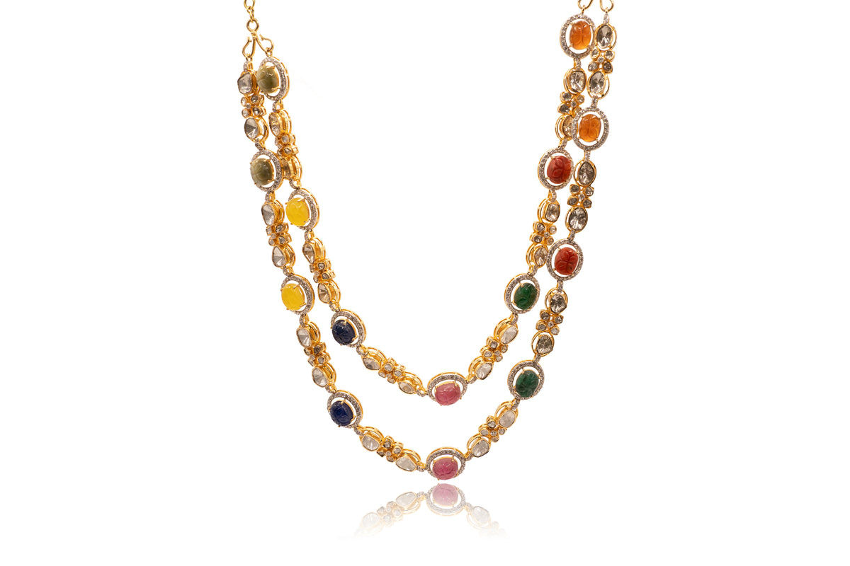Uncut Diamond Double Layer Navrattan Necklace and Earrings 18Kt