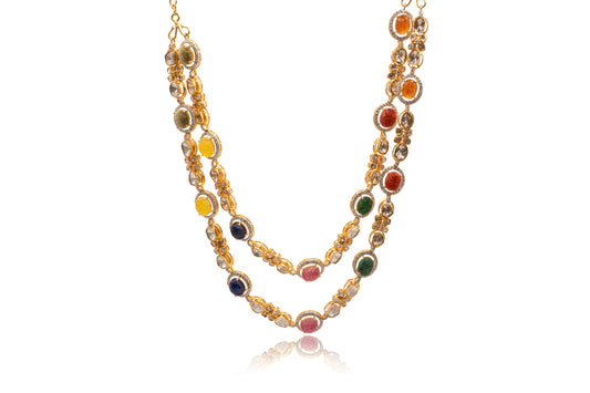 Uncut Diamond Double Layer Navrattan Necklace 18Kt