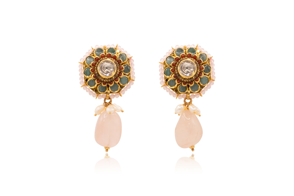 Uncut Diamond with Rose Quartz Drop Pearl Choker and Earrings 22Kt