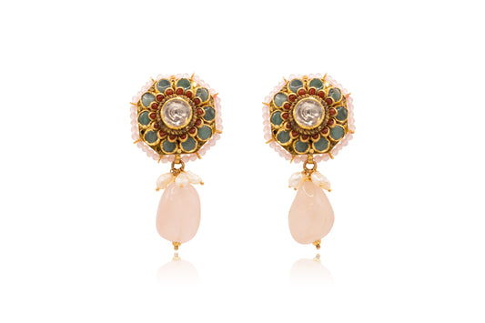 Uncut Diamond with Rose Quartz Drop Pearl Choker and Earrings 22Kt