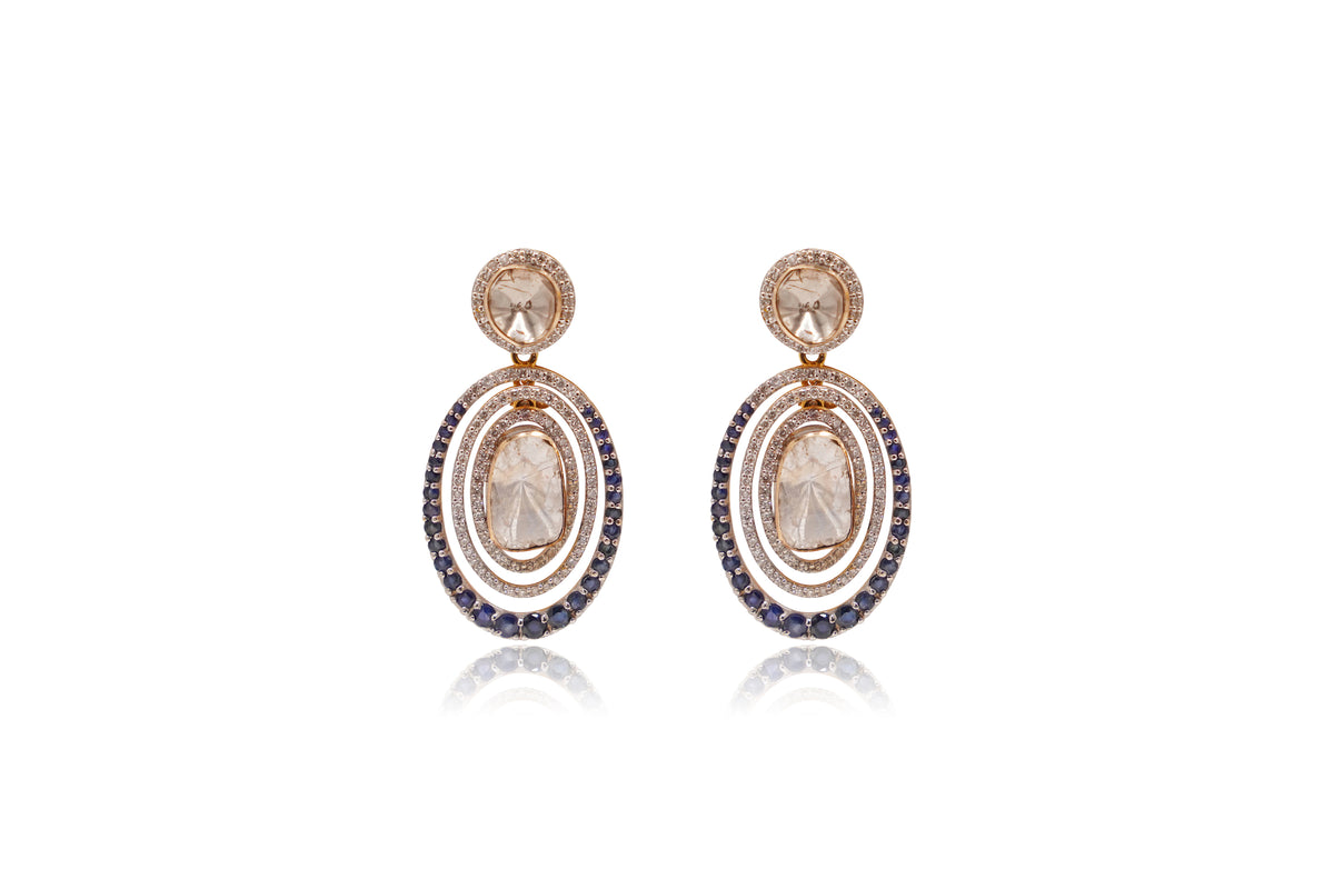 Uncut Diamond with Blue Sapphire and Diamond Earrings18Kt
